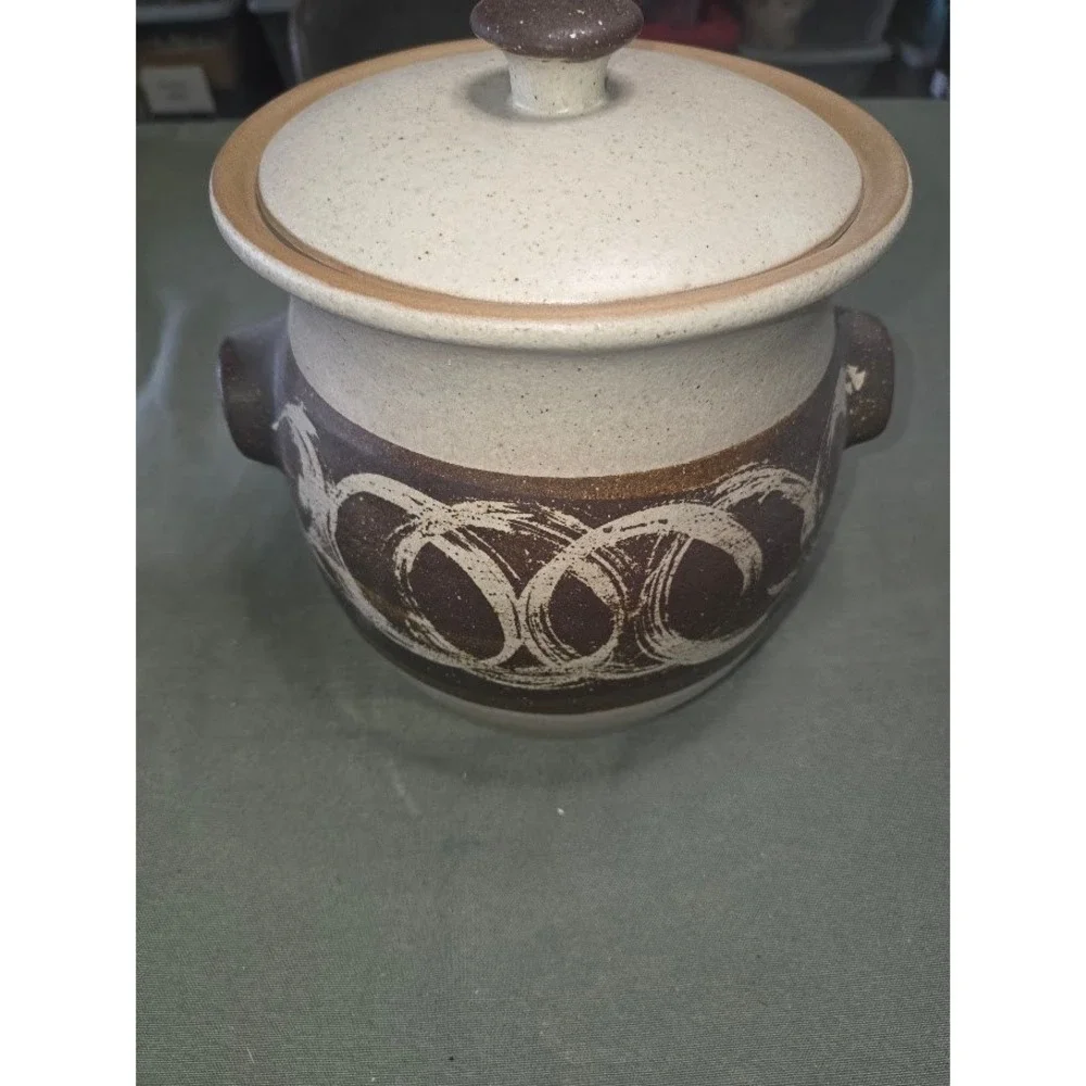 Vintage Studio Pottery Lidded Bean Pot Crock Brown Speckled Glaze Hand Painted